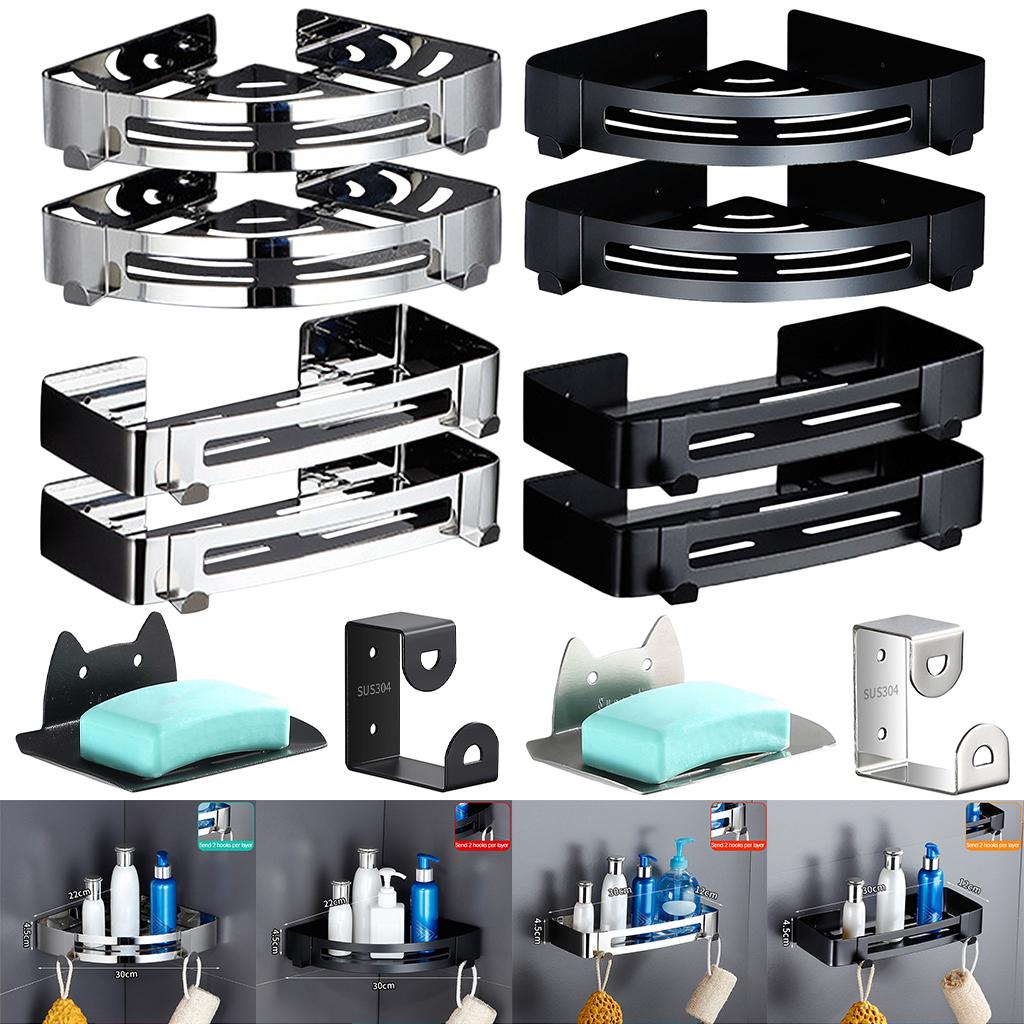 Bathroom Shower Corner Shelf with Two Hooks Stainless Steel, Wall Mount Shelves