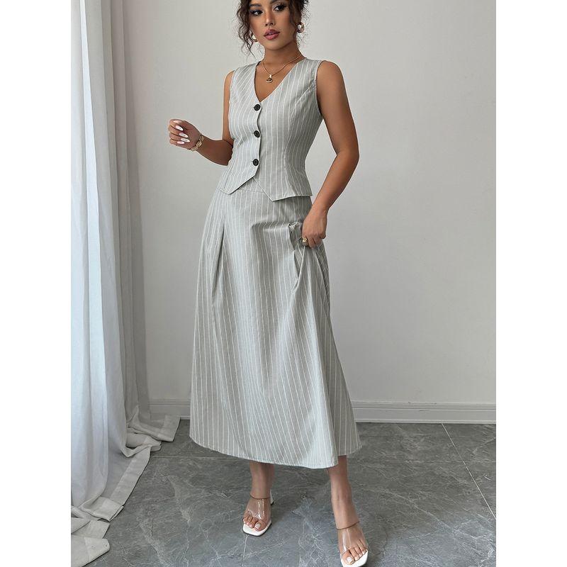 Tank Top and Skirt Set Western Style Elegant New Stripe Vest Vest Skirt Two-piece Set