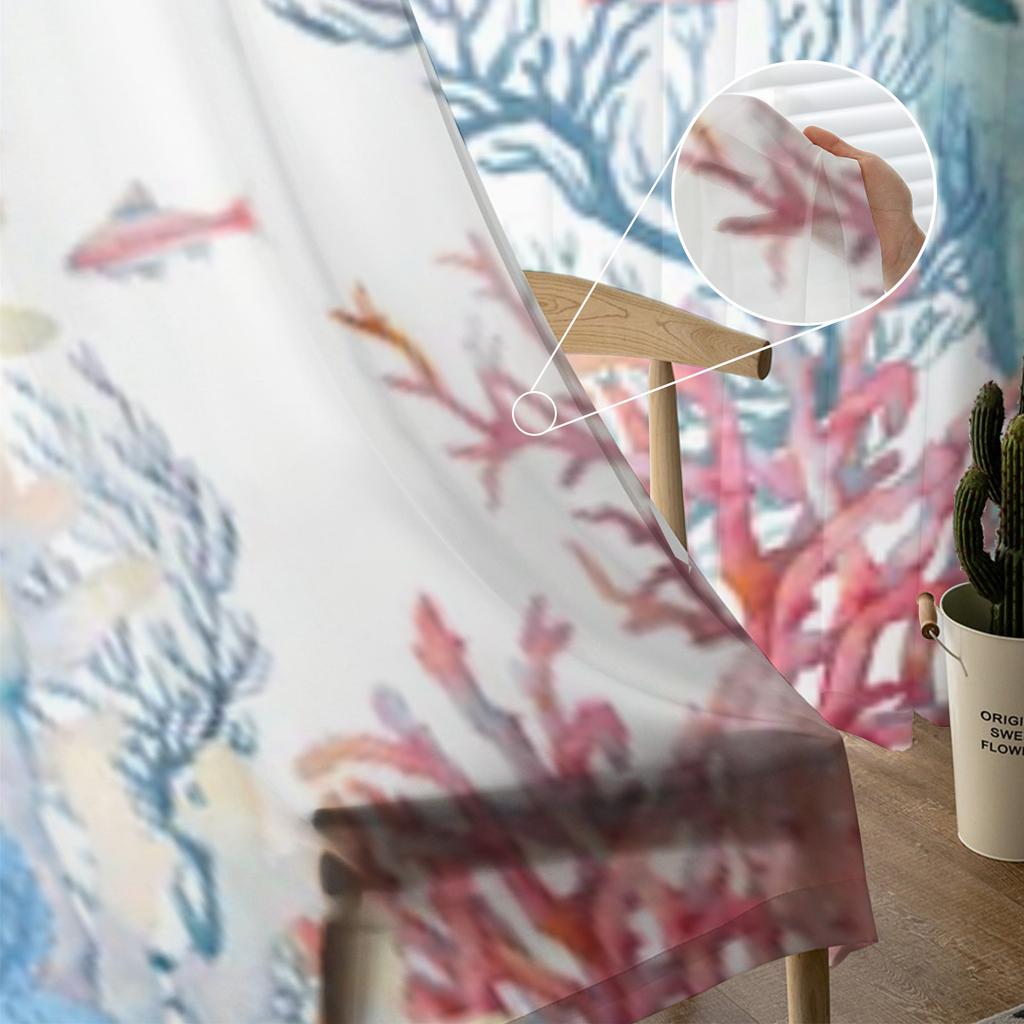 Watercolor Nautical Fishes And Corals Chiffon Sheer Curtains For Living Room Bedroom Decoration Window Tulle Curtains Drapes