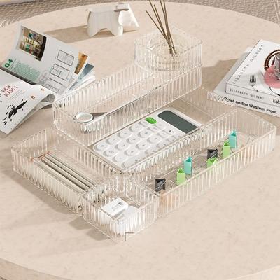 Organizador de Gaveta S/M/L/XL Plástico Transparente Recipiente para Papelaria Retangular Ilimitado Organizador de Maquiagem Escritório em Casa