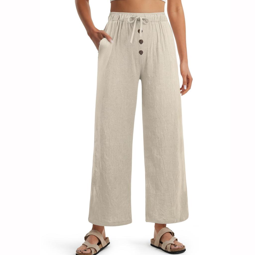 Womens Pants Wide Leg High Waisted Palazzo Pants Summer Flowy Beach Casual Trousers with Pockets