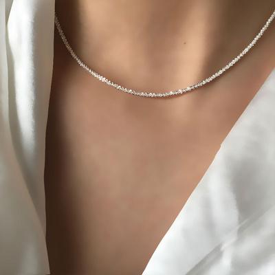 Silver~ Sparkling Italy Imported Flash Plain Chain Naked 925 Sterling Silver Cold Wind Necklace Women
