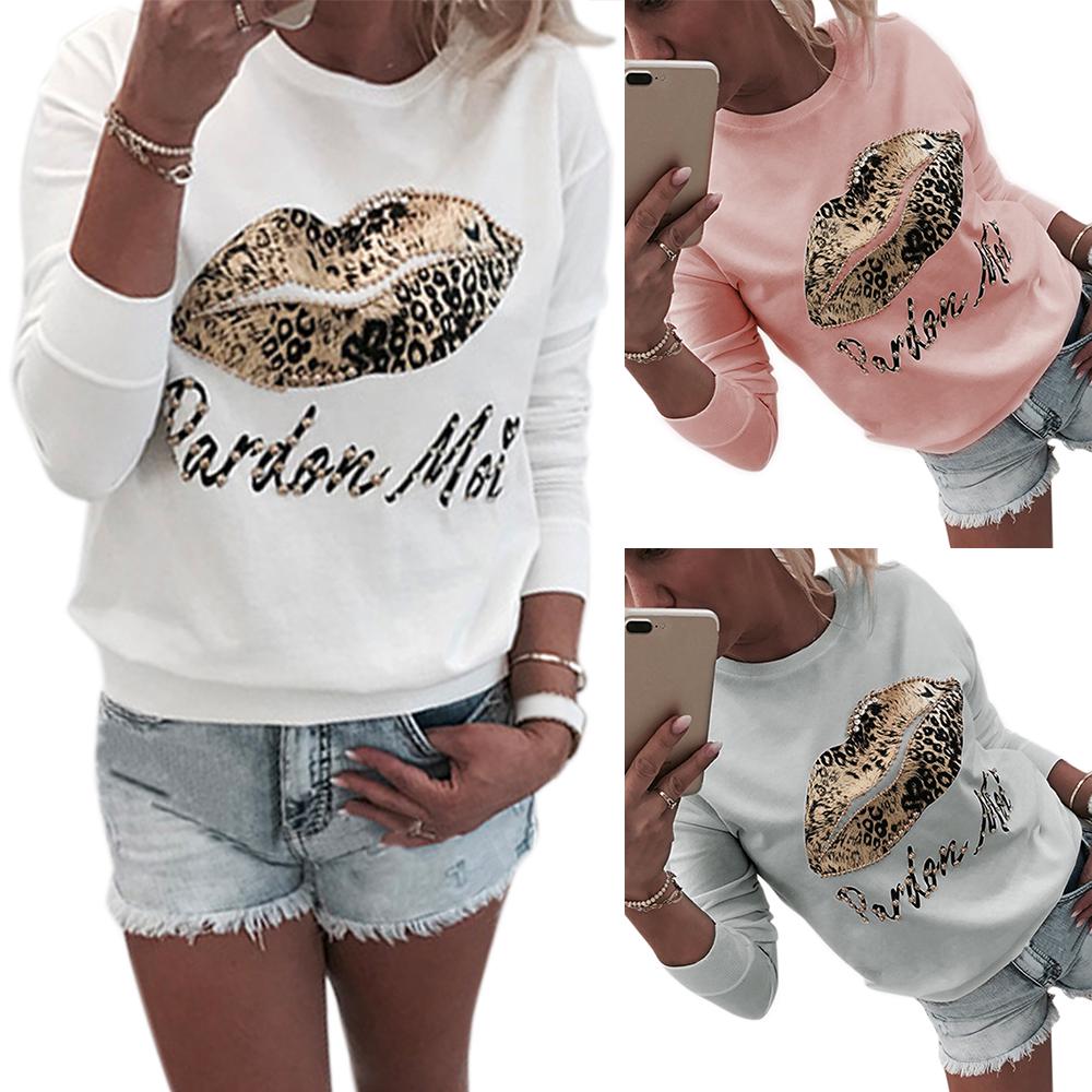 Buy Fashion Beaded Leopard Lips Sweater Women Round Neck Long Sleeve Blouse Tops Club Party