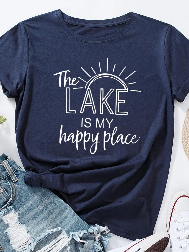 Lake Is My Happy Place Print Women T Shirt Short Sleeve O Neck Loose Women Tshirt Ladies Tee Shirt Tops Clothes Camisetas Mujer
