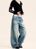 Yongfang Unisex Retro Blue Jeans: Casual Washed, Whiskered, Trendy Straight-Leg, Loose-Fit Pants