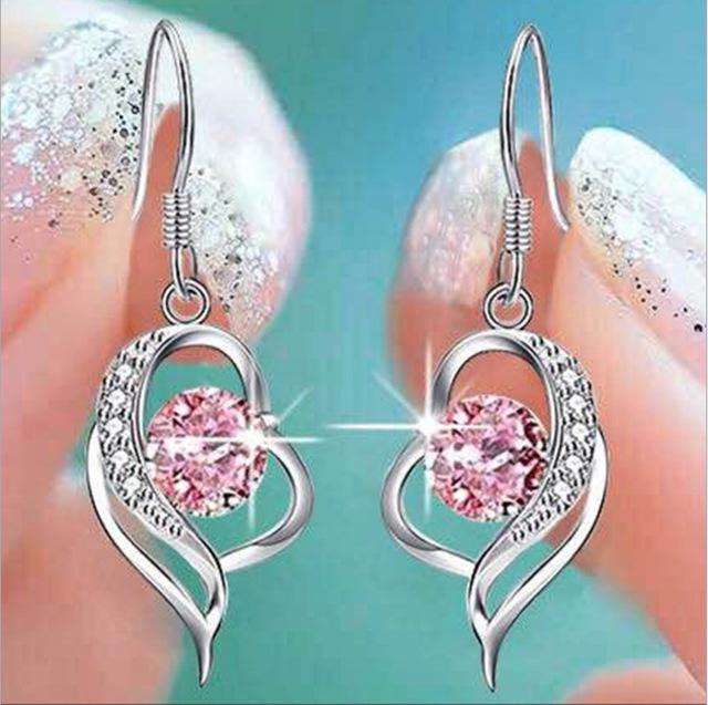 

Серьги-подвески в форме сердца из розового, синего, белого циркония для женщин, изящные ювелирные изделия, свадебные серьги из серебристого цвета с кристаллами и камнями