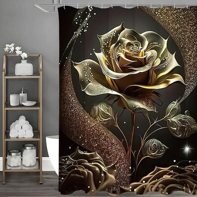 Golden Rose Duschvorhang Badezimmer Dekorativ Pflanze Floral Duschvorhang, Wasserdichter Duschvorhang mit Haken