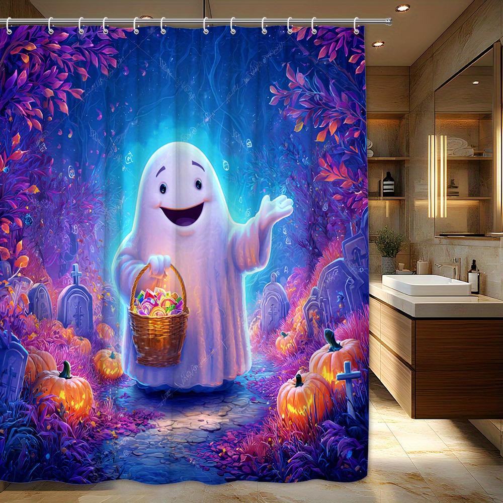 

1Pc Halloween Candy Shower Curtain - Spooky Pumpkin And Graveyard Pattern, Machine Washable, Polyester Fabric, With Hooks W60H190(CM)-1 Pcs