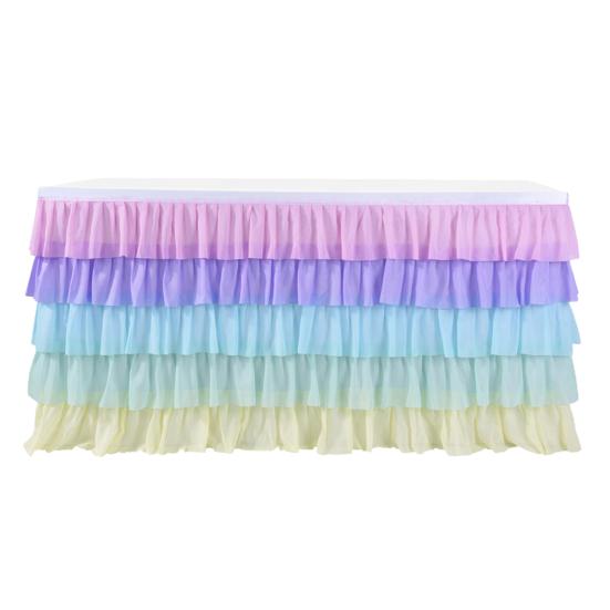 Table Skirt for Rectangle And Round Table Multi-layer Ruffle Reusable Gradient Rainbow Color Beach Parties Ceremony Birthday Party Decoration