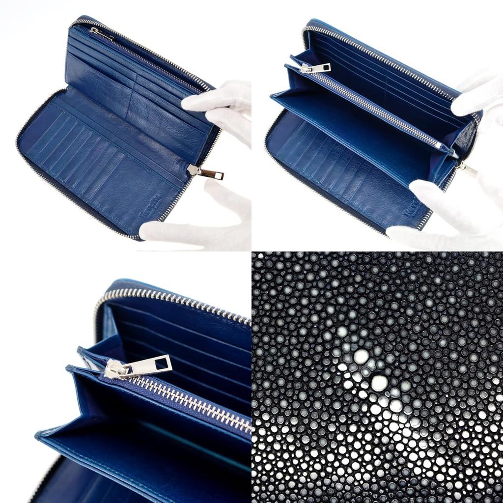 [Revetta] Stingray Leather Zip-Around Long Wallet, Galuchat, Stingray, Navy, Men's, Genuine Leather [116stw]