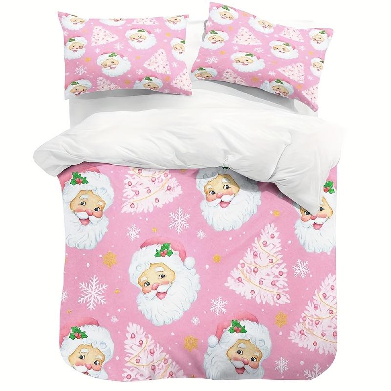 3-teiliges Weihnachts-Quilt-Set Rosa Weihnachtsmann Bettwäsche Weiche Mikrofaser Bettbezug Winterurlaub Schneeflocke Weiß Baum Muster