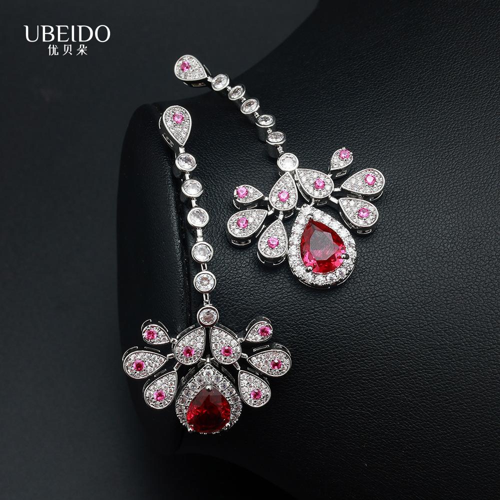 Luxury Red Zircon Necklace Earring Set for Women Elegant Water Drop Design Crystal Jewelry Party Wedding Evening Accessories