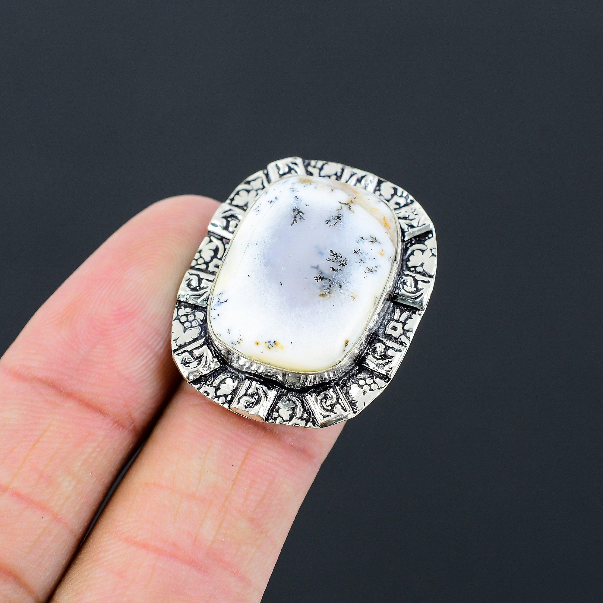 

925 Sterling Silver Dendrite Opal Stone Wedding Statement Ring Jewelry US 6.5 6.5