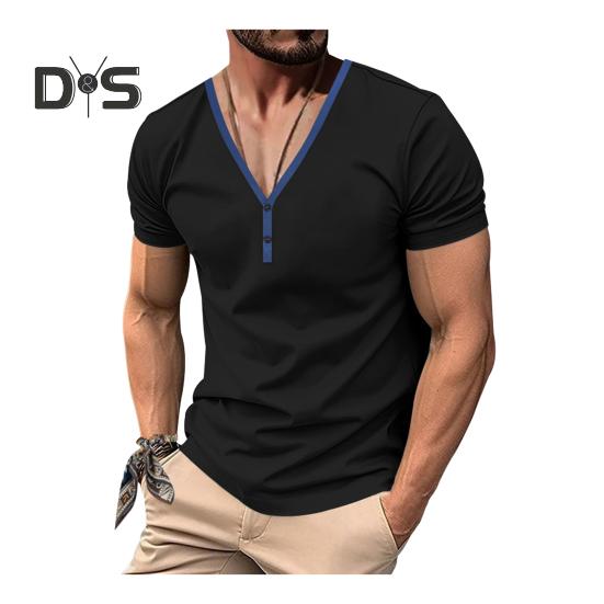 Herren Sommer T-Shirt Kurzarm Geknöpft V-Ausschnitt Kontrastfarbe Slim Fit Lässiger Pullover Mittellanges Oberteil für Outdoor-Sport