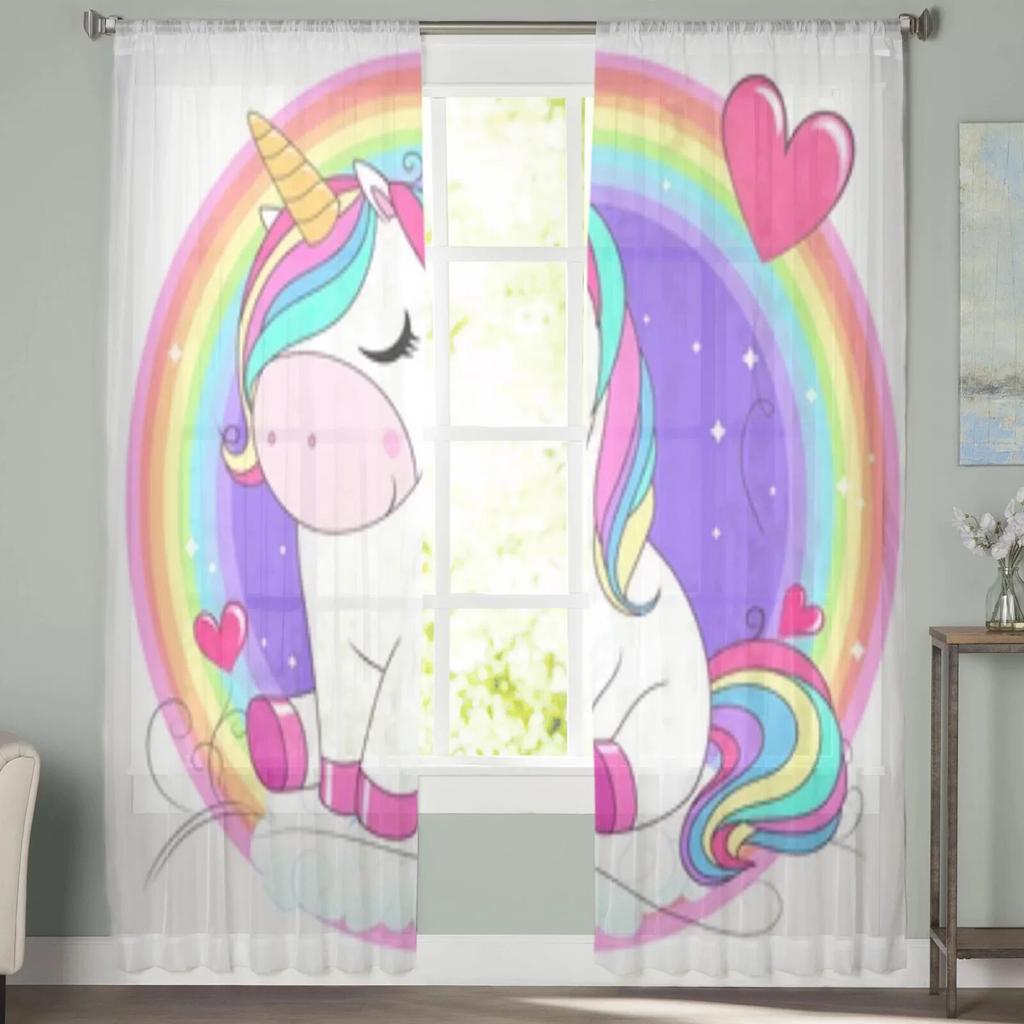 Cute Unicorn With Rainbow Sheer Window Curtains For Living Room Bedroom Modern Voile Tulle Curtains Fabric Drapes For Kitchen
