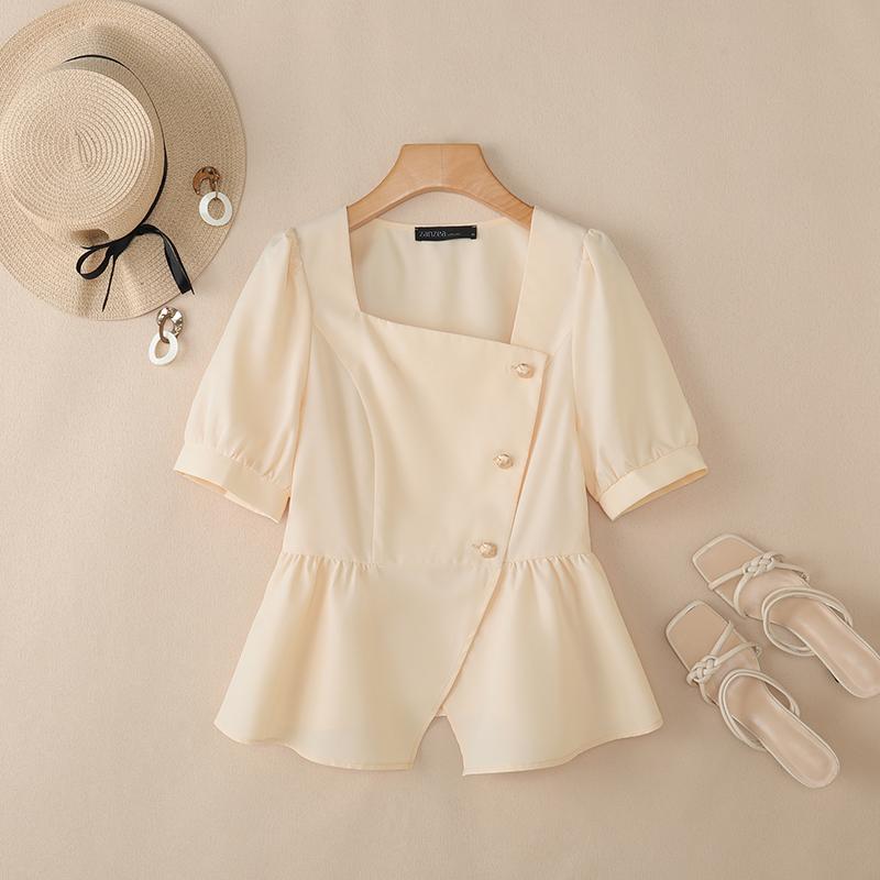 

ZANZEA Женская летняя блузка с квадратным вырезом и короткими рукавами, приталенная 3XL абрикосовый