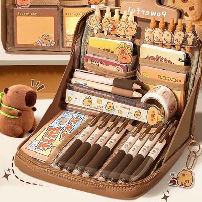 Cartoon Animal Stationery Suit Multi-Layer 90° Wide Opening Pencil Pouch Large Capacity Capybara Stationery Bag for School Teen