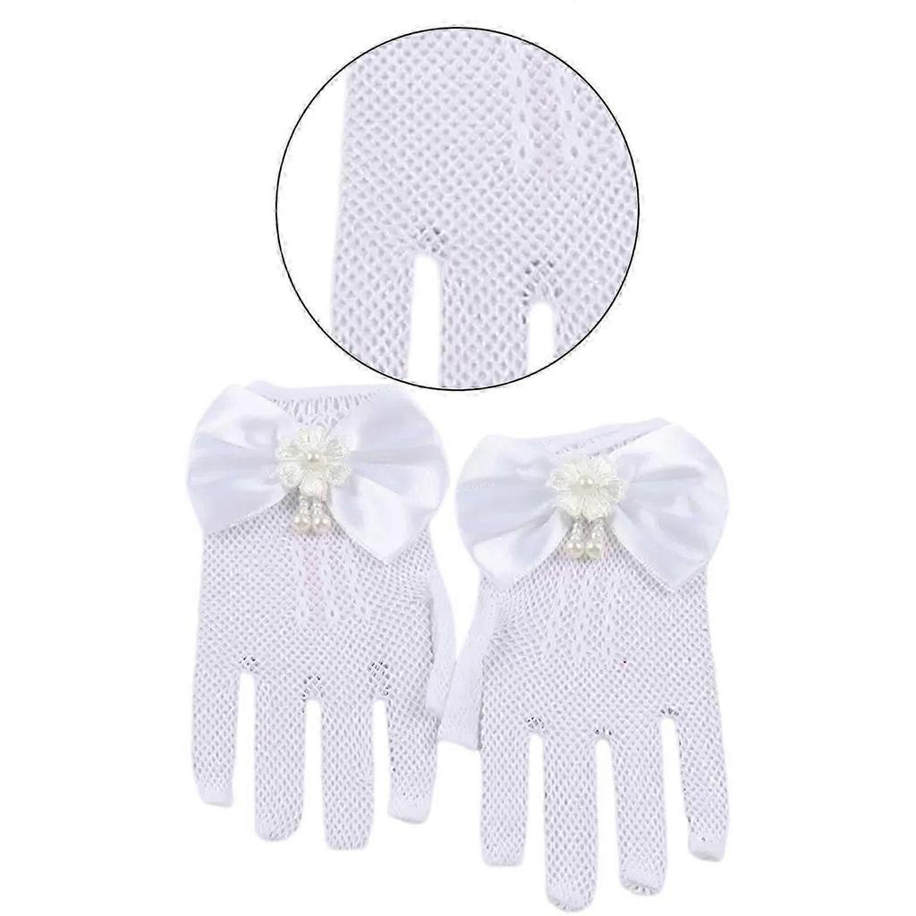 Bowknot Flower Lace Gloves for Girls Comfortable Short Gloves for School Girl Dancing Parties and Formal Occasion Wear