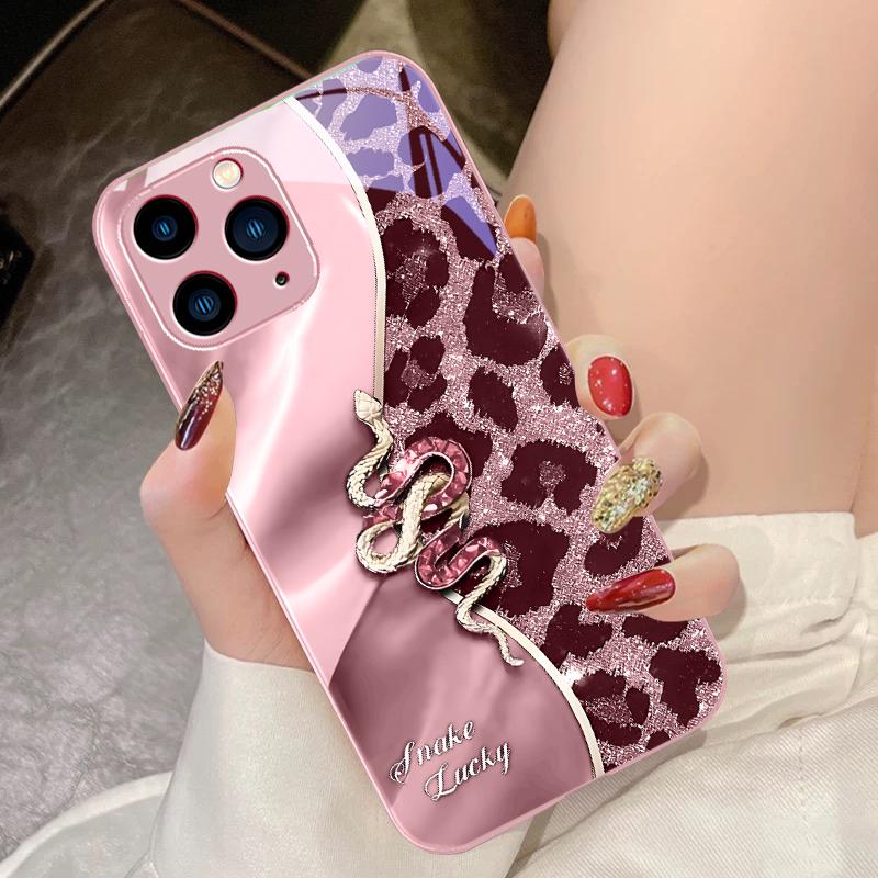 Spotted Snake Pink For IPhone 16 Pro Max 15 Pro 14 13 12 Mini 11 XS Max XR 7 8 Plu SE 2022 Tempered Glass Phone Case