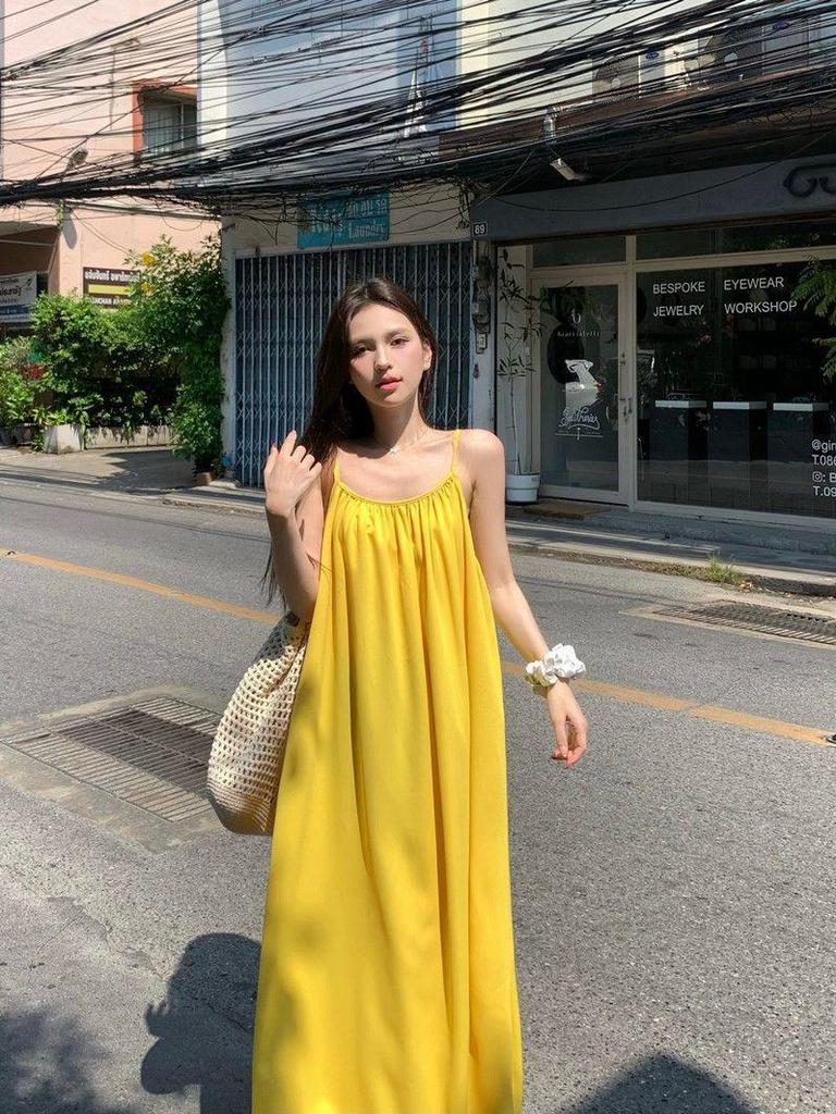Seaside Resort Yellow Backless Spaghetti Strap A-line Summer Dress for Women