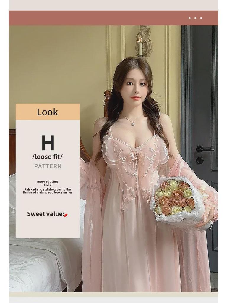 Women's Sexy Large Size Silk Suspender Pajama Set with Butterfly Crystal Sequins & Chest Pads