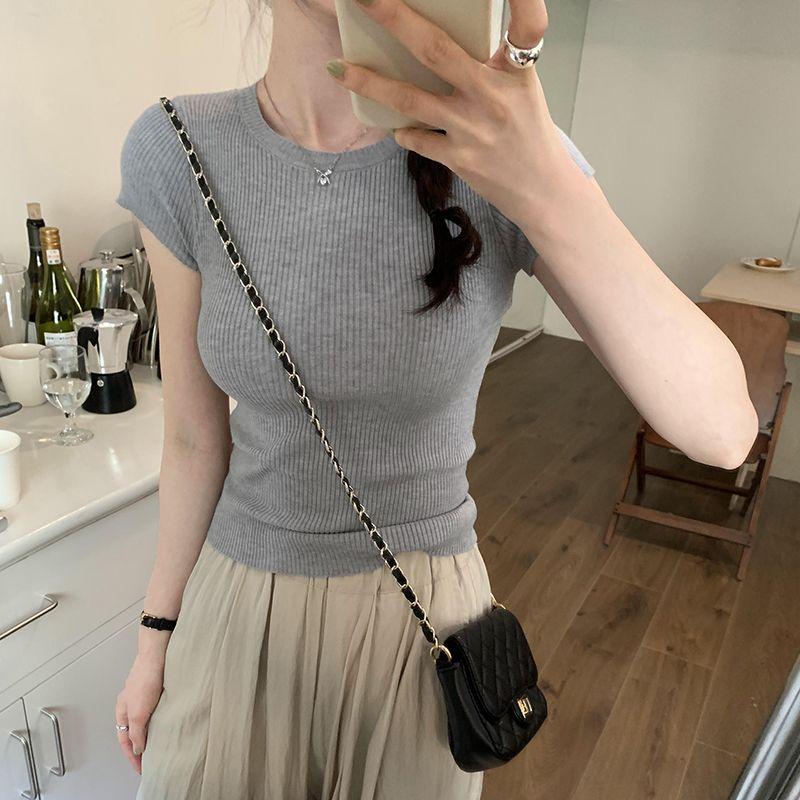 Kumikumi Simple Basic Round Neck Pure Color Short Sleeve T-shirt Female Summer All-Matching Slim Fit Slimming Shoulder Tops