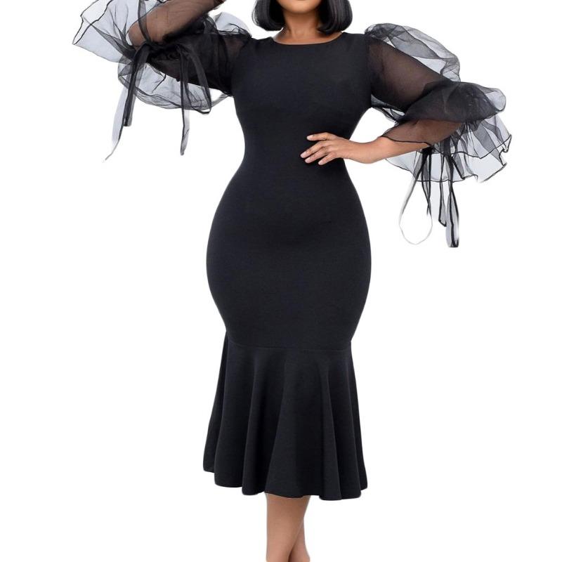 Mesh splicing fishtail dress dress fashionable large size hip wrap dress