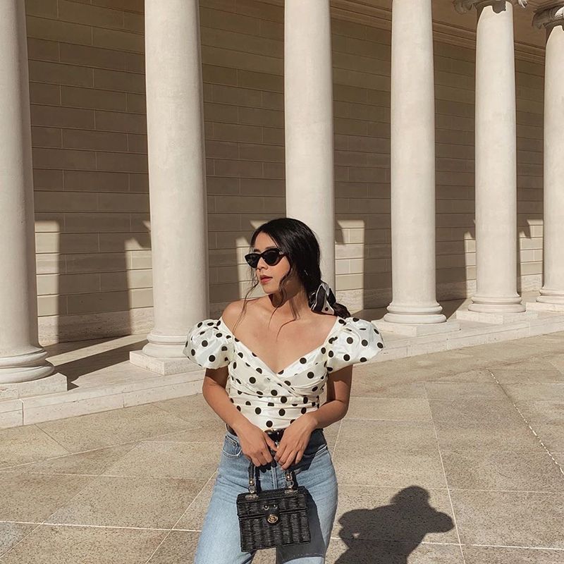 

Aura! Fashion Niche Designer Cross V-neck Puff Sleeves Retro Easy Matching Polka Dot Shirt Tops Fashion cross V Neck Puff Sleeves gloss Tops L