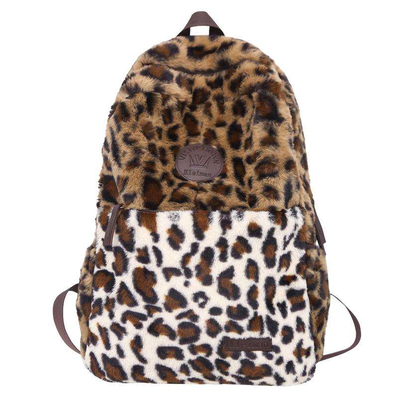 Schoolbag autumn and winter large-capacity plush backpack women's 1011 new retro leopard print versatile student schoolbag simple handbag
