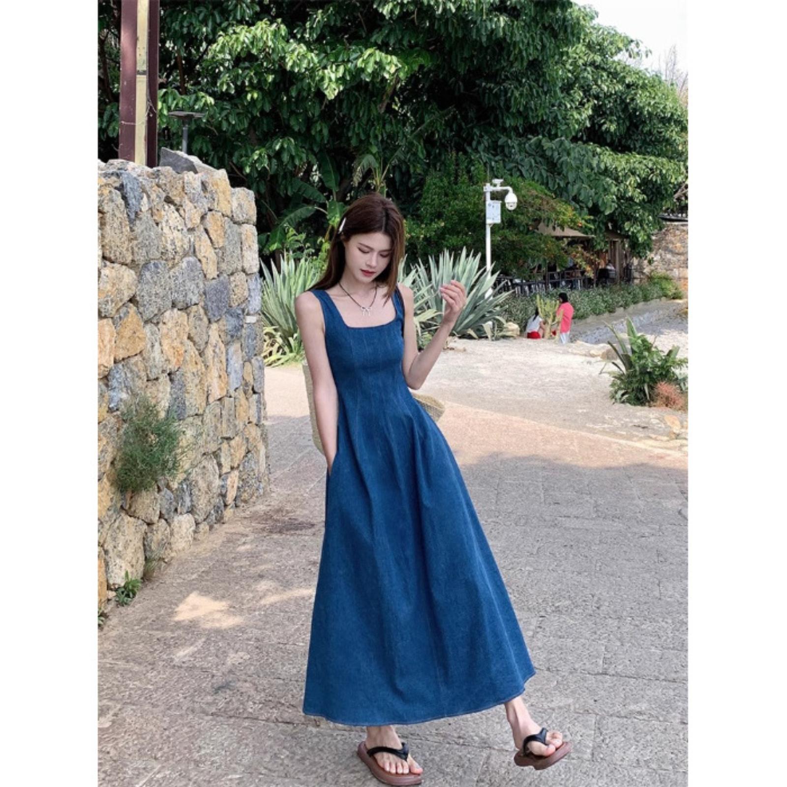 

Джинсовое платье, Женская приталенная талия, Элегантное длинное платье на бретельках L синий