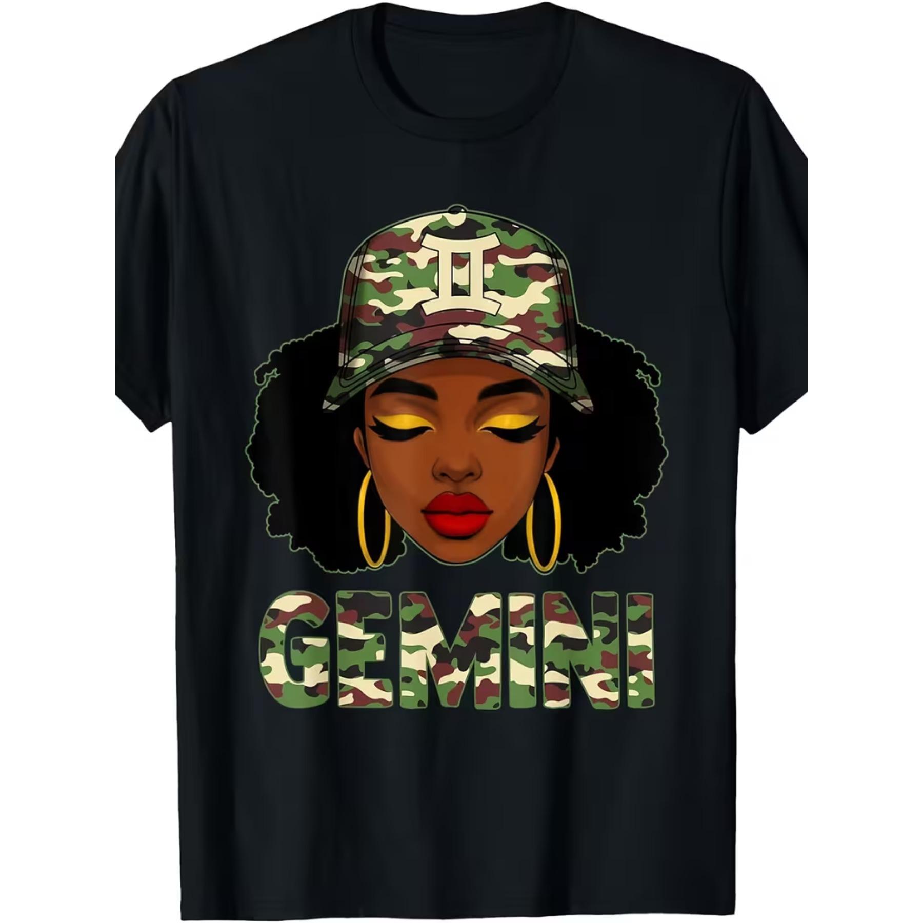 

Women s Plus Size Gemini Queen Zodiac T-Shirt - African Afro & Camo Cap Graphic Round Neck Short Sleeve Casual Tee XXL чорний