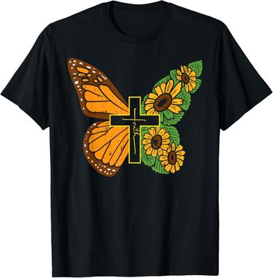 Butterfly Sunflower Cross Faith Christian Graphic Tee Soft Casual Short Sleeve T-Shirt for Women