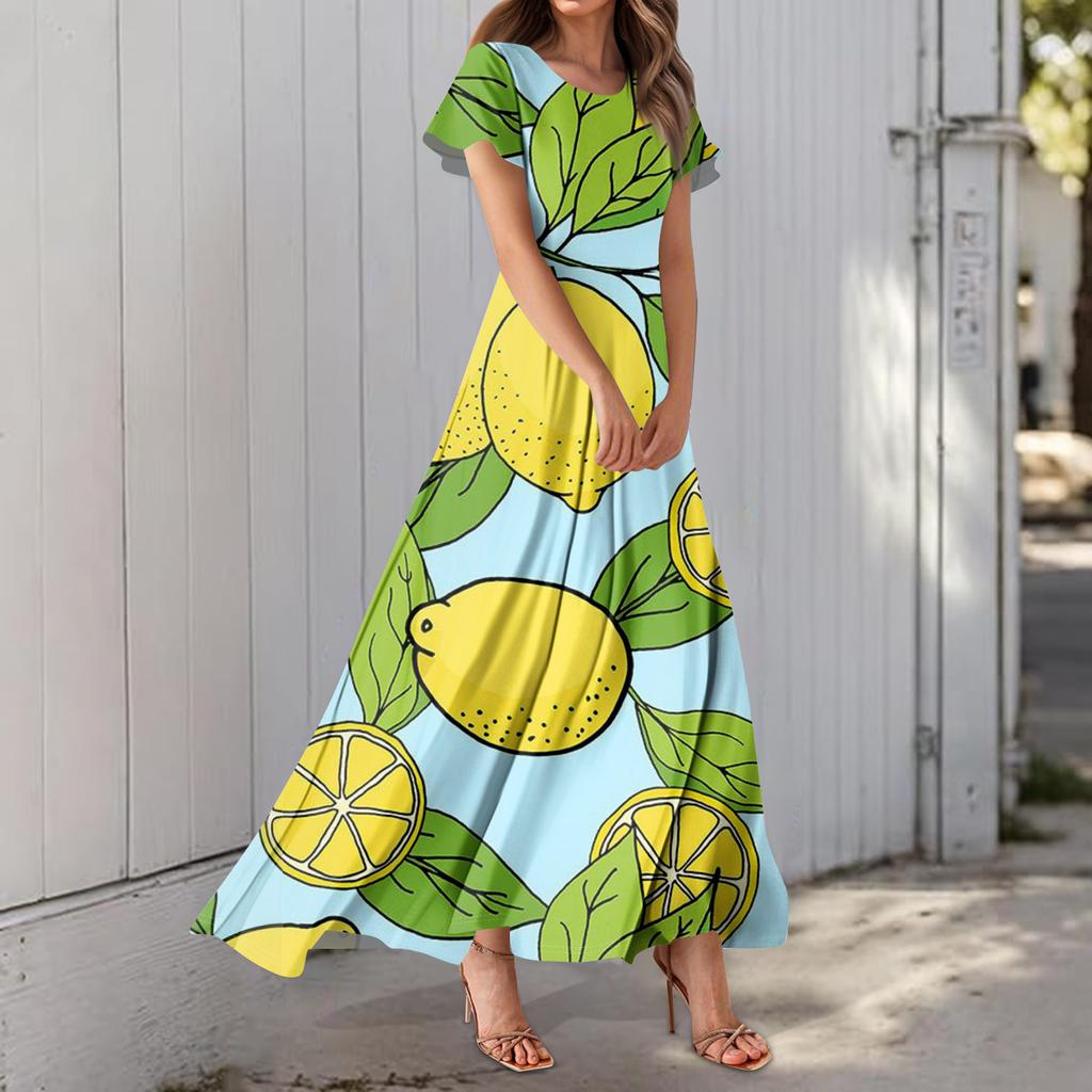 Damenkleid mit Hawaii-Print, lässig, Rundhalsausschnitt, kurzärmelig, hohe Taille