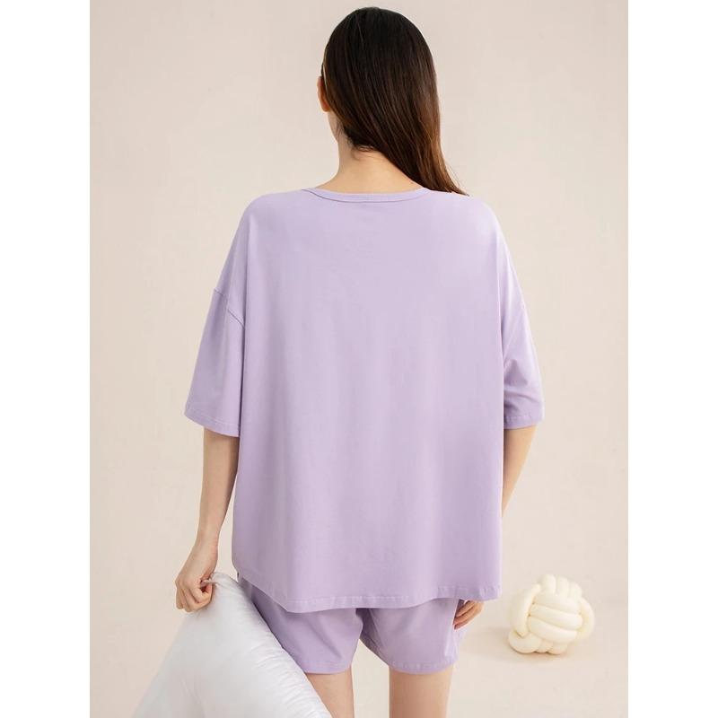 Sommerpyjamas für Damen, locker, bequem und lässig, kann draußen getragen werden, Rundhals-Hauskleidung