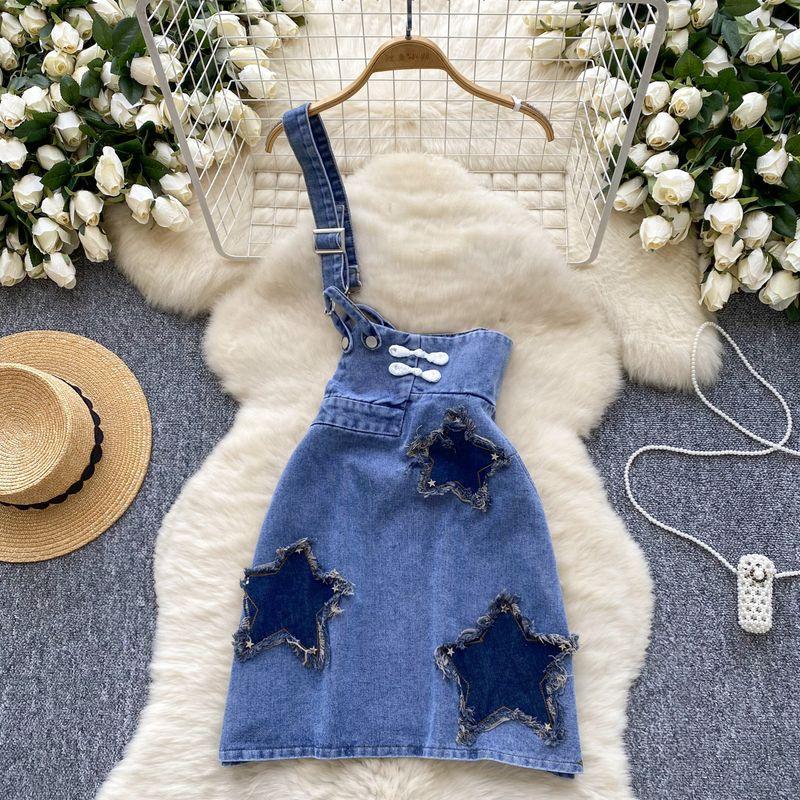 

Fashion Style Retro Do the Old Cowboy Dress Women s Autumn Stitching Stars Buckle Shoulder Belt Asymmetrical Design Skirt Blue L