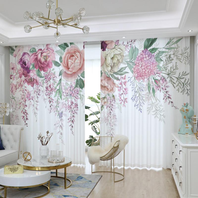 Pink Flower Curtain Green Plant Pastoral Decor Sheer Screen Curtain Living Room Bedroom Floor-to-ceiling Window Voile cortinas