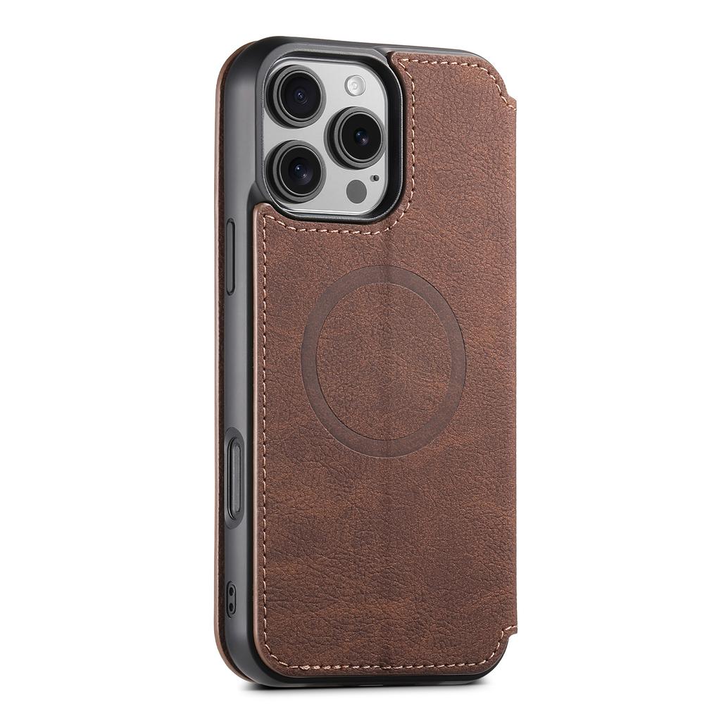 SUTENI J06 For iPhone 16 Pro Case Litchi Texture Leather Wallet Phone Shell Compatible with MagSafe