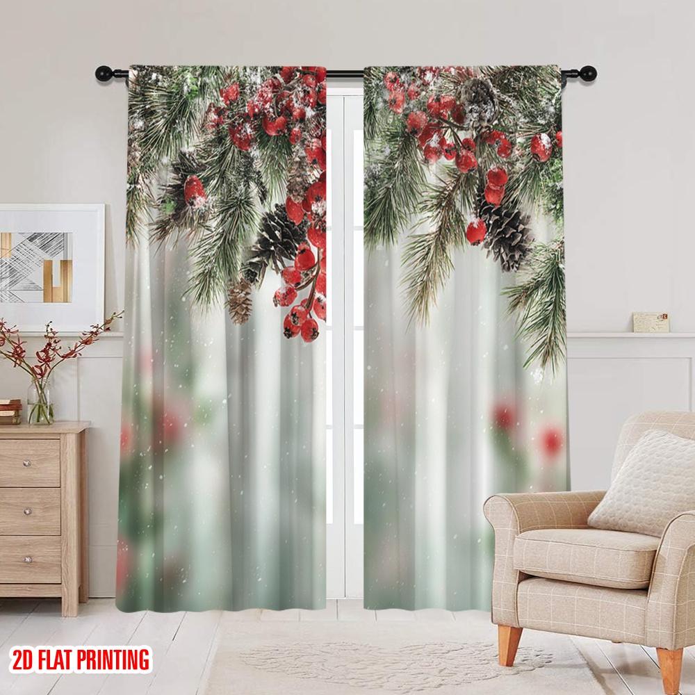 2pcs,2D plane printing Light Filtering Curtains Evergreen Fir Branches Red Ripe Holly Berries Versatile Durable Polyester