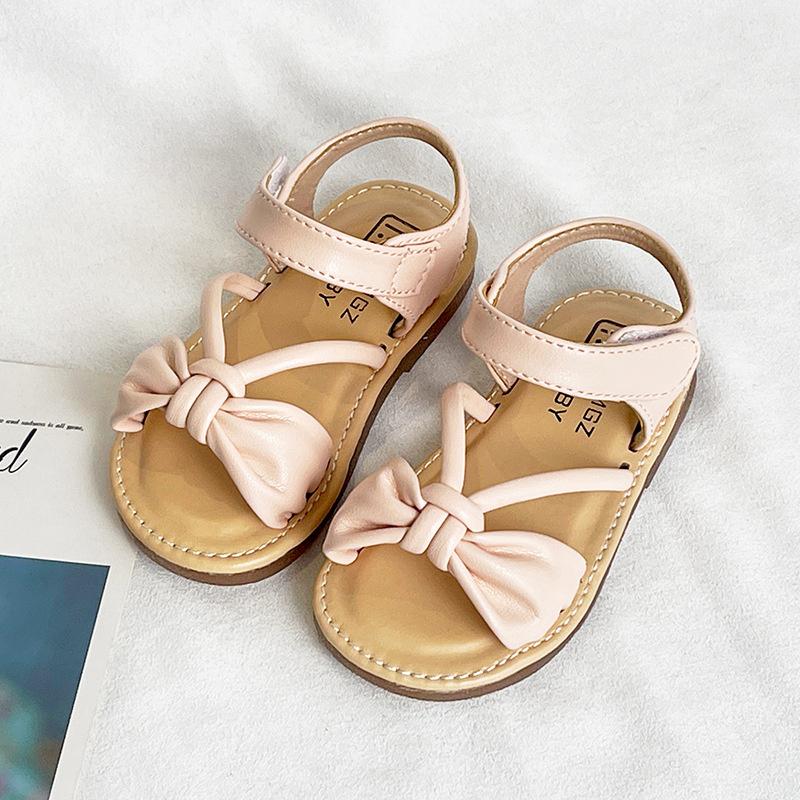 Baby Girl Princess Sandals Summer Kid S Solid Color Bow Retro Beach Shoes Toddler Open Toe Soft Soled Children S Sandals 23