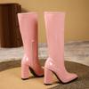 Thick Heel Boot Women's Fashionable And Casual Solid Color Faux Leather Trendy Thick Heel Pointed Toe Knee High Women Boots