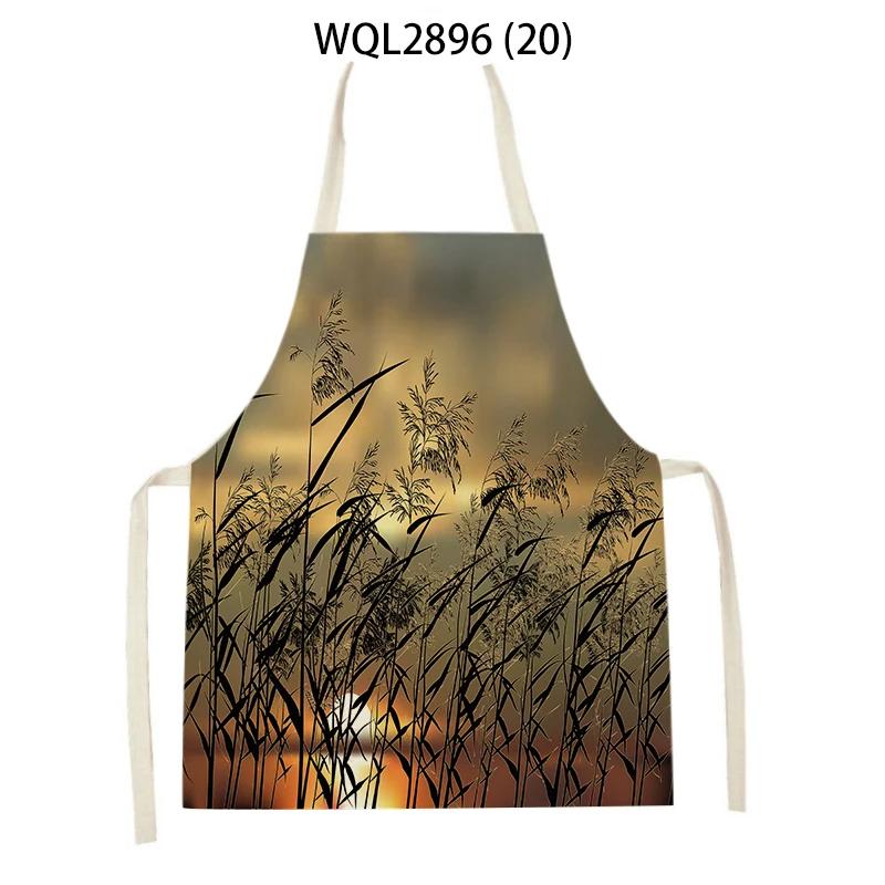 Plants Printed Kitchen Aprons Men Women Cooking Cleaning Aprons Wheat Flowers Pattern Linen Waist Apron Baking Accessories
