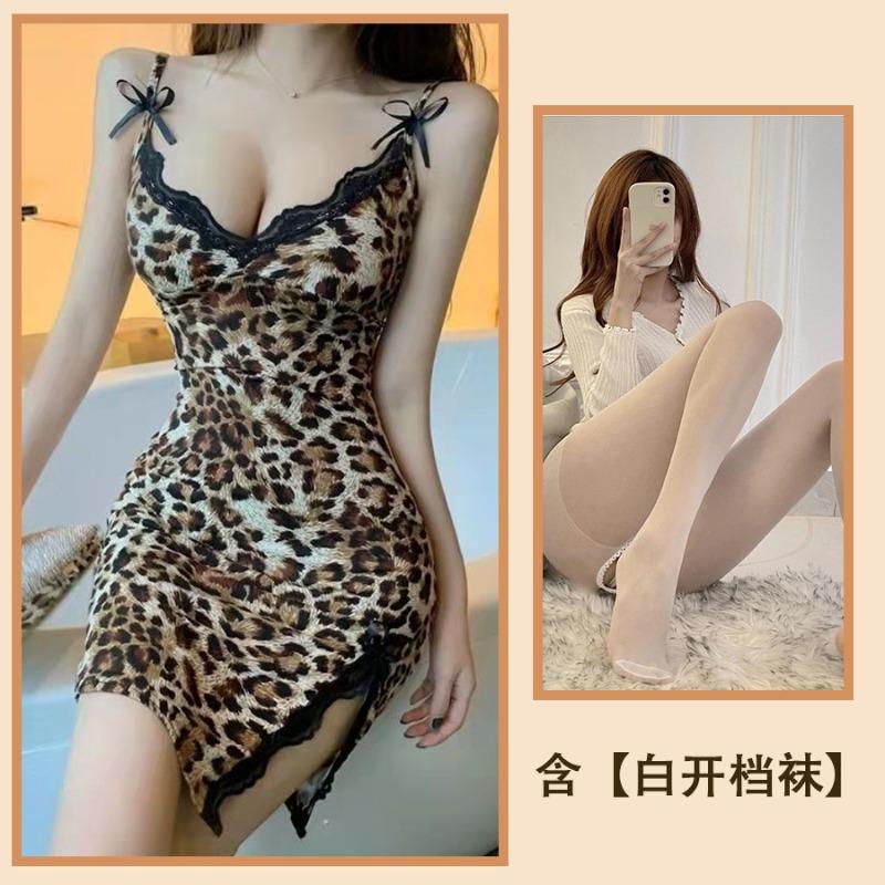 Sexy lace leopard print v-neck thin ice silk slim suspender nightdress temperament lace dress