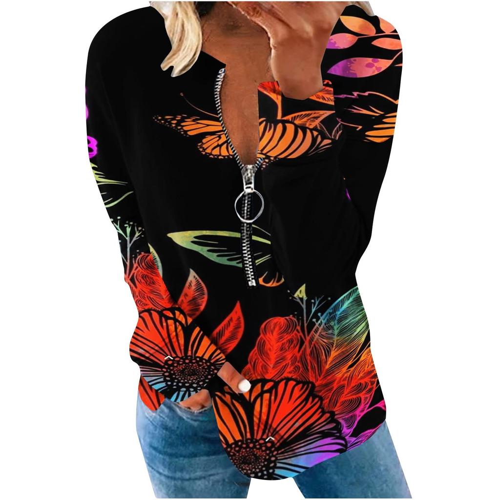 Women's Fashion Spring Loose Casual V Neck Zipper Print Long Sleeve T-Shirt Top