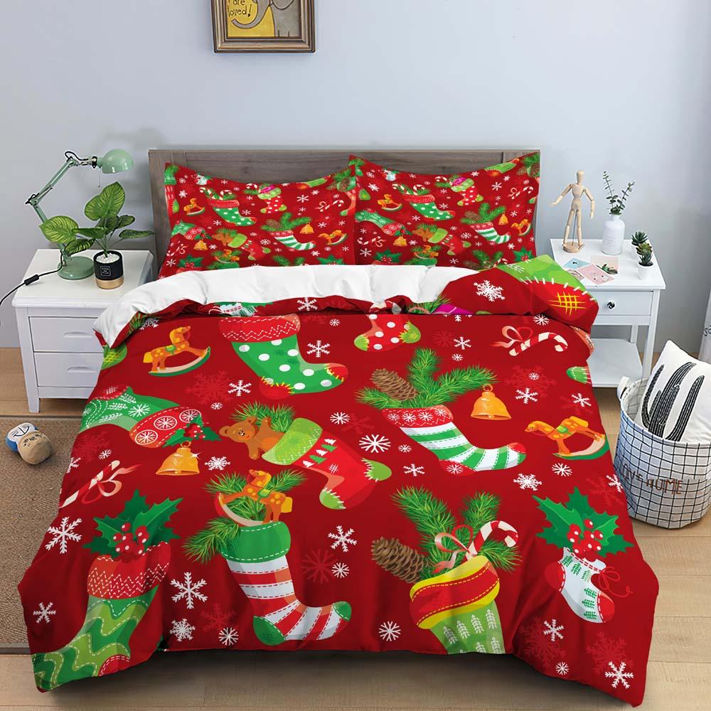 3D Christmas King Queen Duvet Cover Set Kids Cartoon Merry Christmas Red Quilt Cover 2/3pcs Polyester Beddings Set Single Double