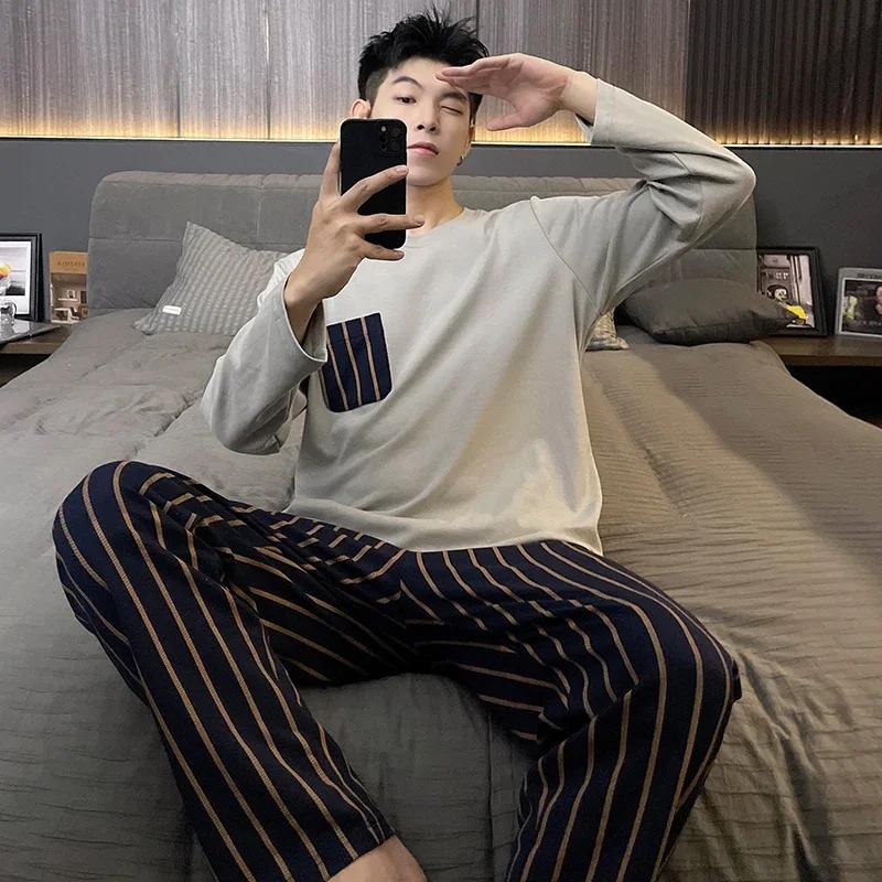Bumbac Pulover Bărbați Pijamale Toamnă Primăvară Mâneci Lungi Articole de Noapte Set Pijama 2 Piese Bărbați