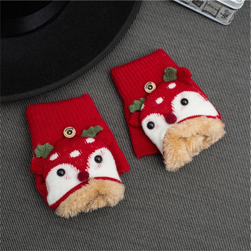 Children's Winter Cartoon Reindeer Flip-Top Half-Finger Gloves, Ages 4-10, Boys & Girls, Plus Velvet, Thick Cotton, Warm.