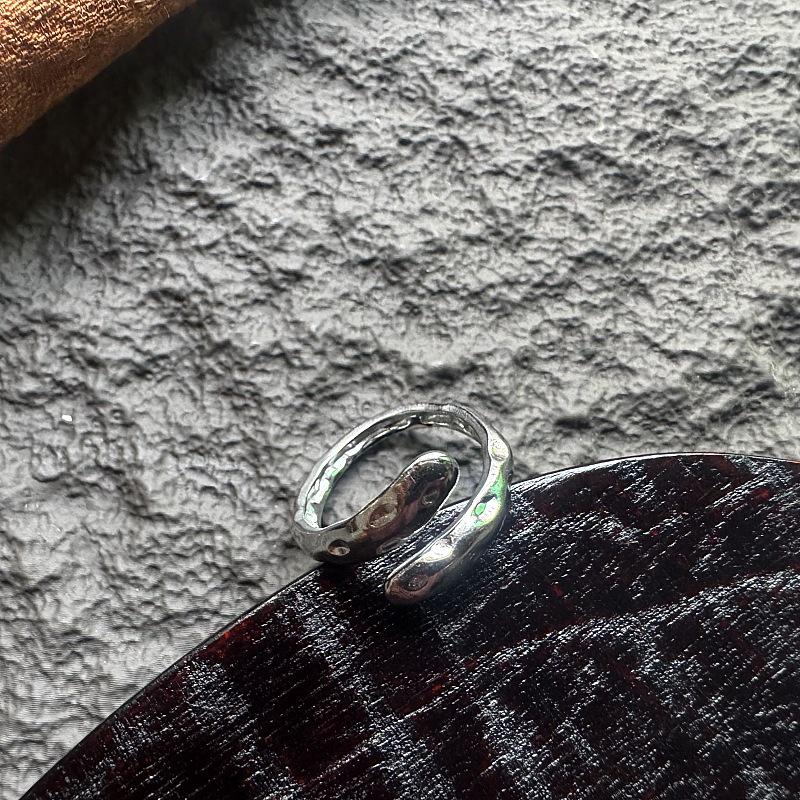 European & American Retro Rock Lava Ring: Hammered Texture, INS Style, Stainless Steel, Trendy Wide Band, Adjustable for Men.