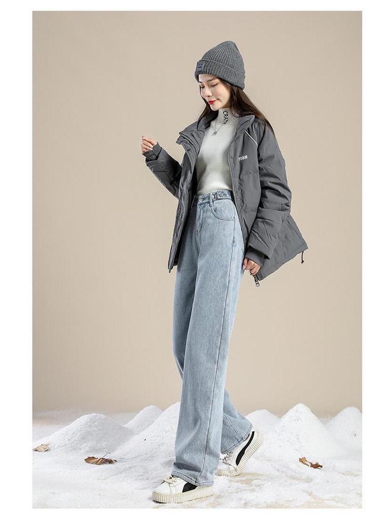 2023 Women's Korean Style Fleece-Lined High-Waisted Wide-Leg Jeans - Winter Slimming, Versatile, Loose, Straight-Leg Trend