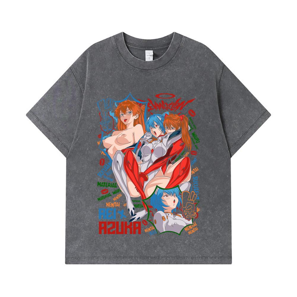 275 GSM Washed T-shirts 100% Cotton Evangelion V9 Asuka Rei Waifu Print Unisex Heavy Cotton T Shirt