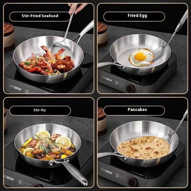 304 Stainless Steel Frying Pan Non Stick Pan Fried Steak Pot Uncoated Wok Kitchen Cookware for Gas Stove and Induction Cooker
